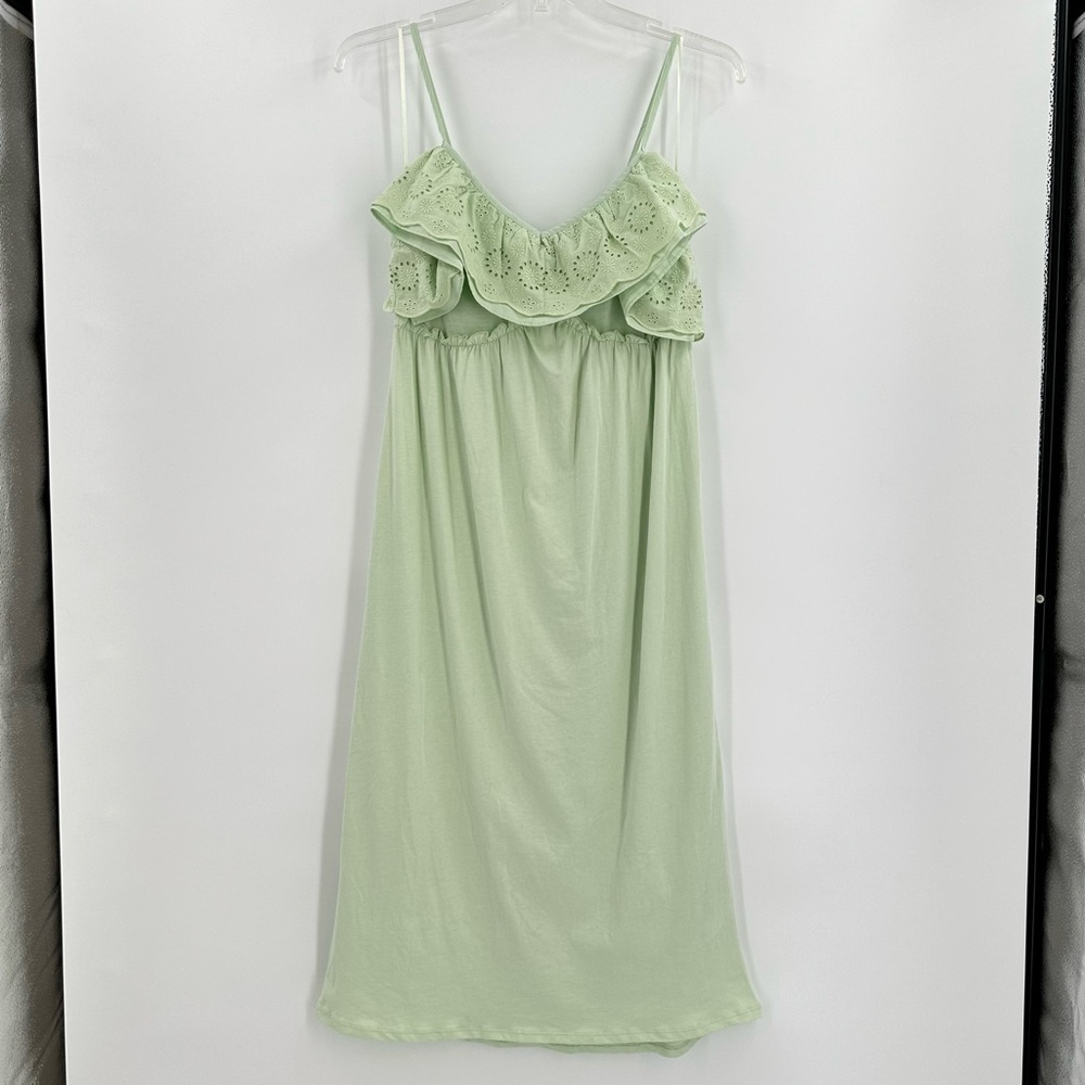 ZARA NWT Cotton Mint Green Micro Strap Midi Dress with Eyelet Ruffle Trim Small